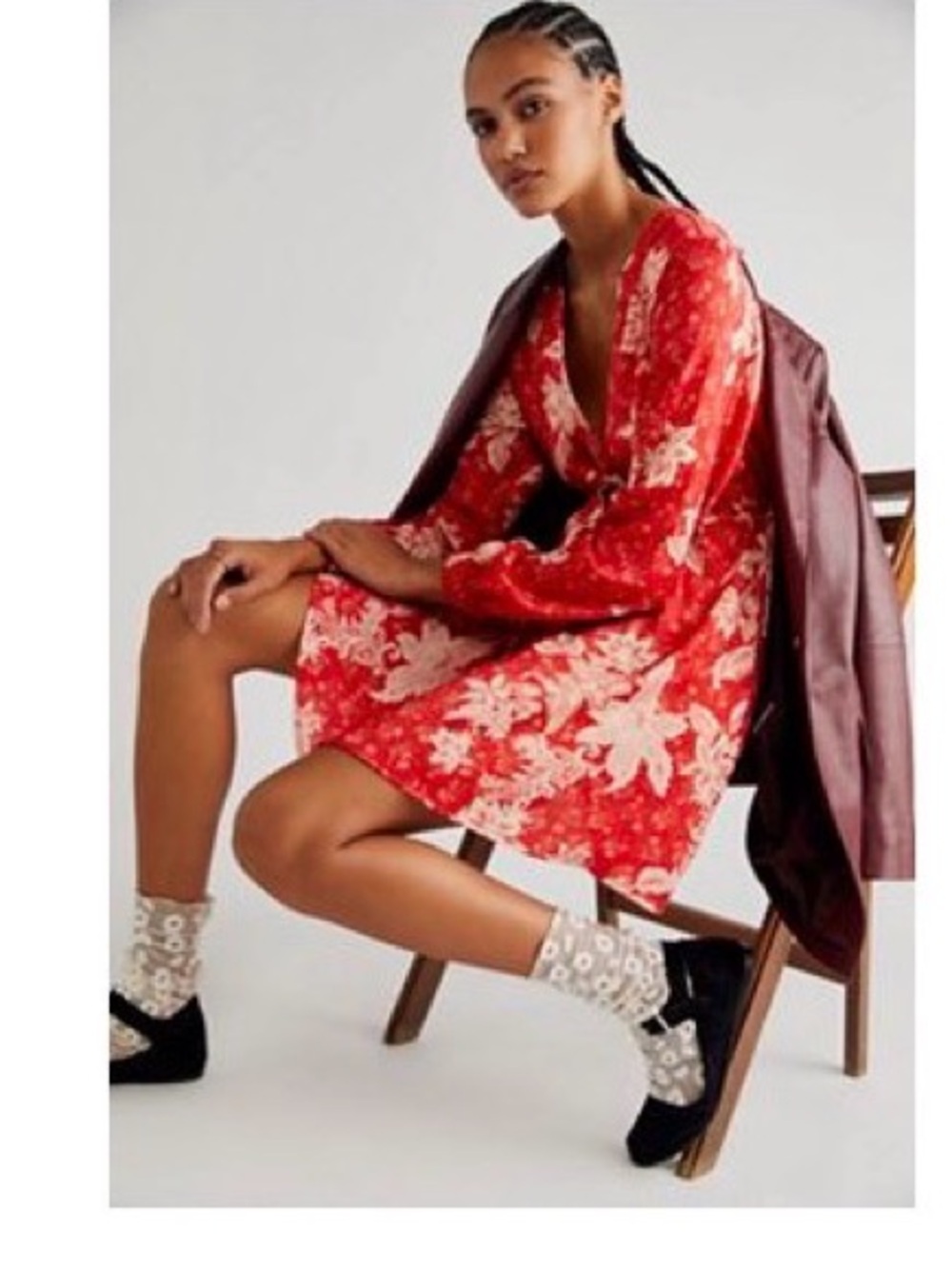 Free People Red Floral Long Sleeve Wrap Dress